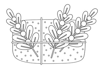 Coloring book, Box with a gift for christmas, new year, birthday. Black and white illustration for coloring. Development of children, education of preschoolers, schoolchildren. Task, game.