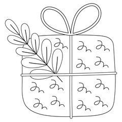 Coloring book, Box with a gift for christmas, new year, birthday. Black and white illustration for coloring. Development of children, education of preschoolers, schoolchildren. Task, game.