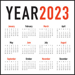 Year 2023 calendar vector design template, simple and clean design