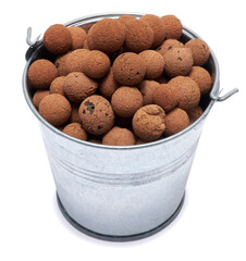 expanded clay drainage in a pot isolated on white background