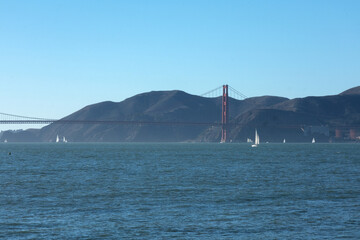 Panoramic scenic aerial view over San Francisco Bay Area with Golden Gate Bridge, downtown skyline...