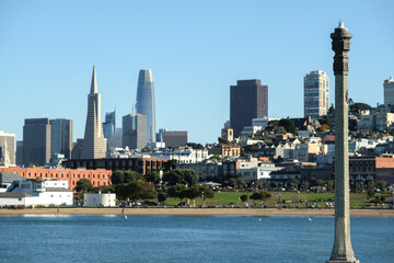 Panoramic scenic aerial view over San Francisco Bay Area with Golden Gate Bridge, downtown skyline...
