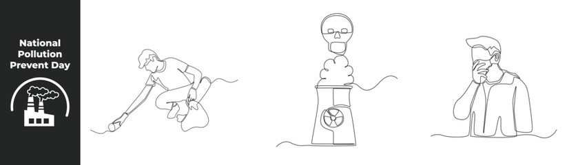 Continuous one line drawing national pollution prevent day concept set. young boy collecting garbage, factory smoke and man wearing a mask. Design vector graphic illustration.