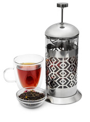 Cup of tea with dry tea and teapot. Isolated on white. Tea brewed.