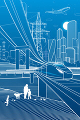 Outline city illustration. Railroad bridge. Car overpass. Train rides. City Infrastructure and transport image. Urban scene. Vector design art. White lines on blue background - 541869724