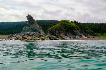 Rocky coast of the Sea of Okhotsk. Sakhalin Gulf, Kupriyanov cape. Khabarovsk Krai, far East, Russia.