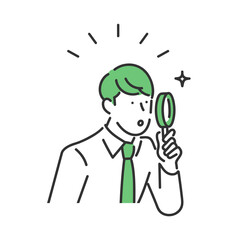 虫眼鏡を持って調べる男性のビジネスパーソンのイラスト素材
