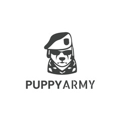 Cute puppy head logo in army style, simple and modern.