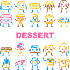 dessert character food cute icons set vector. cake sweet, happy bakery, smile donut, chocolate face, cream candy, menu funny sugar dessert character food cute color line illustrations