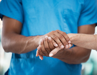 Hands, support and nurse helping patient in hospital, care and empathy for people. Healthcare, assistance and black man or doctor holding hands of senior person for comfort after cancer diagnosis. - obrazy, fototapety, plakaty