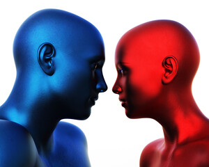 Fototapeta premium 3d render. Portrait of blue bald man and red bald woman on white background. 