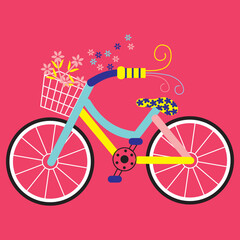 Fototapeta na wymiar Hand drawn spring floral bike. Isolated on pink background. Vector illustration. Retro bicycle with colorful flowers in crate and basket. Retro bicycle with spring flowers in basket for t shirt print 
