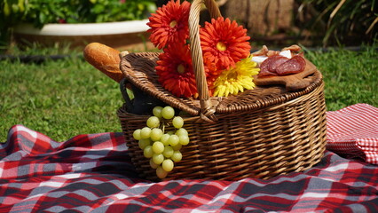 Fototapeta na wymiar Picnic wicker basket with food and wine in the park. Summer Picnic concept.