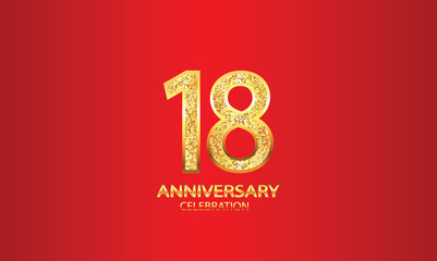 18 Year Anniversary celebration Vector Design with red background and glitter. 18th Anniversary celebration. Gold Luxury Banner of 18th Anniversary. vector illustration