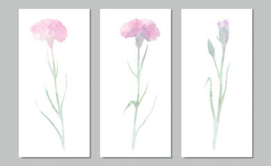 Vector watercolor triptych with pink carnations. European size card
