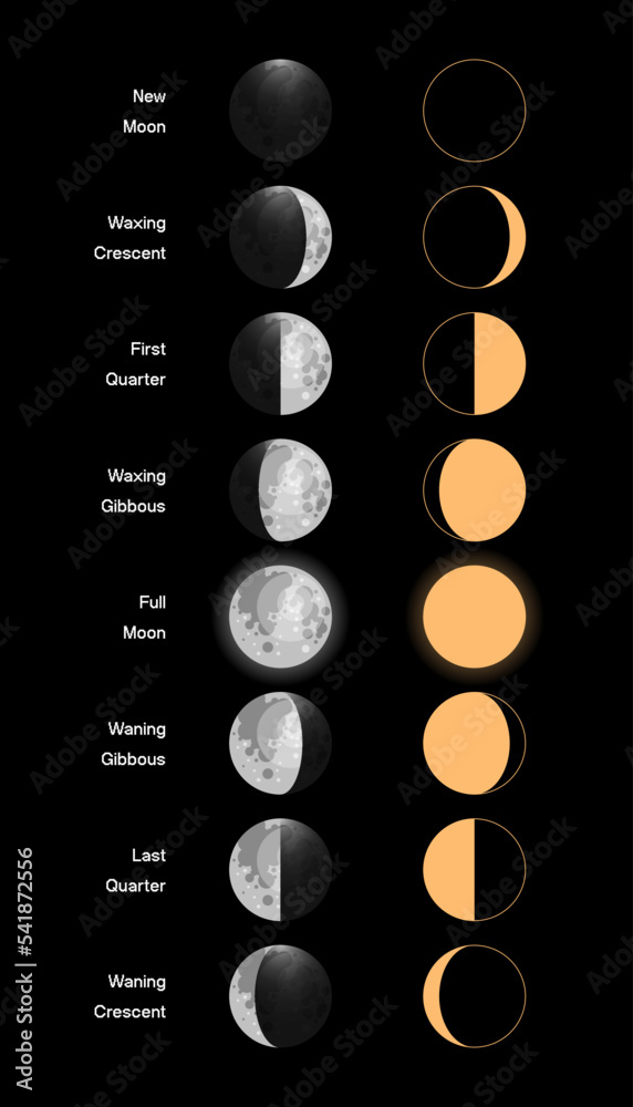 Poster moon phases scheme sphere shadow cycle astronomy icon set. vector illustration background