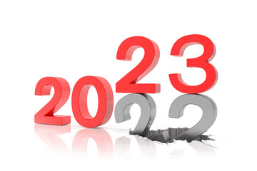 3d render of the numbers 2022 and 23 in red over white reflecting background.