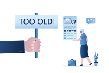 Job restrictions, boss hand holds placard - too old. Elderly woman holds resume. Age discrimination, ageism. Unhappy job seeker after interview. Recruitment, unemployment.