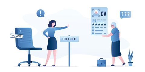 Job restrictions, HR manager with placard - too old. Elderly woman holds resume. Empty vacant office chair. Age discrimination, ageism. Unhappy aged job seeker, unemployment.
