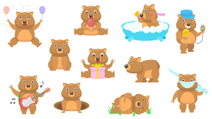 Big Set Abstract Collection Flat Cartoon Different Animal Wombats Vector Design Fauna Wildlife