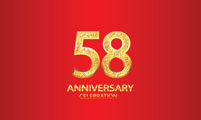 58 Year Anniversary celebration Vector Design with red background and glitter. 58th Anniversary celebration. Gold Luxury Banner of 58th Anniversary. vector illustration
