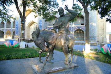 Naklejka premium Hodja Nasreddin on his favorite donkey in Bukhara.