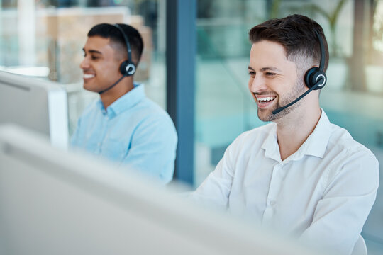 Happy Call Center, Consultant Man Laugh On Customer Service Phone Call And Happiness In Office. Customer Support Team, Working Smile For Crm Teamwork And Sitting At Telemarketing Computer For Help