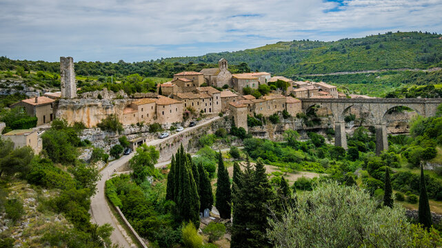 View on the medieval village of Minerve and the surrounding canyon in the South of France (Herault)