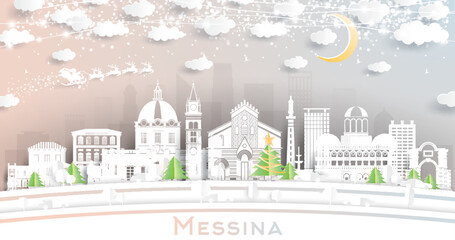 Messina Sicily Italy City Skyline in Paper Cut Style with Snowflakes, Moon and Neon Garland.