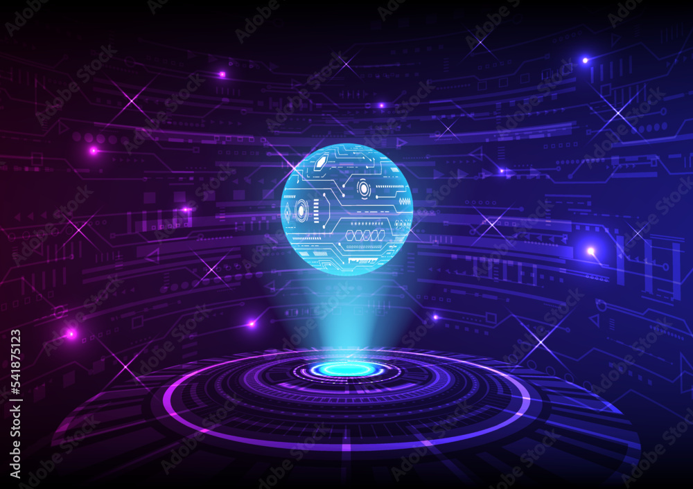 Poster circle with circuit pattern on surface floating on hologram machine the back has a curved wall. with