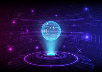 Fototapeta premium Circle with circuit pattern on surface floating on hologram machine The back has a curved wall. with a digital circuit pattern with bright dots The stars were shining, scattered all around.