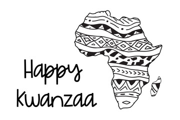 Happy Kwanzaa greeting card. Coloring page. Vector illustration of Africa with ethnic tribal African style ornament pattern. Hand drawn black and white horizontal stripes. Simple artistic map of