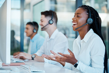 Fototapeta premium Telemarketing, customer service and call center worker consulting online in sales crm company. Ecommerce, contact us and consultant with internet support, communication and conversation with computer