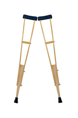 Wooden crutches rest isolated on white wall.broken leg patient cane.