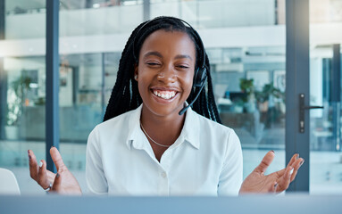 Call center, customer service and video call with black woman for support in telemarketing office....