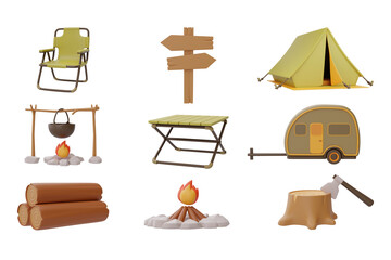 Set of elements for Camping, tant, folding chair, table, campfire, stump, signpost, trailer isolated on white background. 3d rendering. - obrazy, fototapety, plakaty