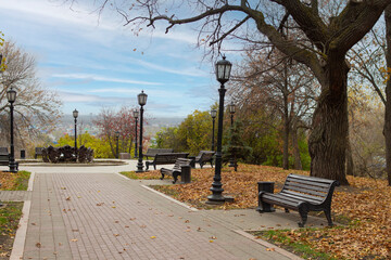Colorful landscape. Deserted autumn city park with fallen leaves, trees, empty benches and lanterns against the blue sky. Orange red maple leaves on road. Fall season nature scenic beauty.