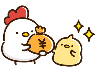 子どもひよこにお金を渡すかわいいにわとりのキャラクターの手書き風イラスト