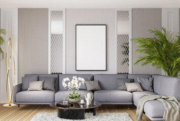 3D illustration Mockup blank photo frame in living room rendering