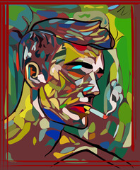 Colorful abstract background, cubism art style, man who smokes a cigarette