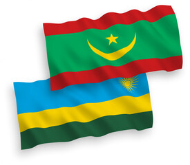 National vector fabric wave flags of Republic of Rwanda and Islamic Republic of Mauritania isolated on white background. 1 to 2 proportion.