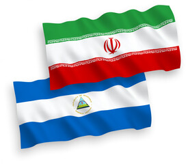 National vector fabric wave flags of Nicaragua and Iran isolated on white background. 1 to 2 proportion.