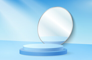 Glass mirror on podium. 3D background. Empty floor. Geometric product exhibition stand. Abstract lights reflection on circle pedestal. Realistic showcase. Vector isolated neoteric mockup
