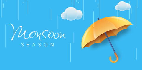 Monsoon Season Sale with 3D Realistic Umbrella Vector Illustration. Suitable for Poster, Banner, Flyer, Web Header and Advertisement Page Design. - obrazy, fototapety, plakaty
