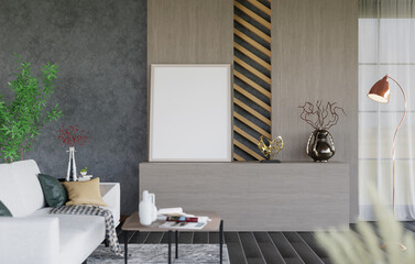 3D mockup blank photo frame in living room rendering