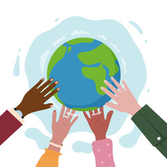 Multicultural hand holding Earth. World diversity. International people for peace together. Save and support planet. Persons unity. Tolerance or racial equality. Vector design utter concept