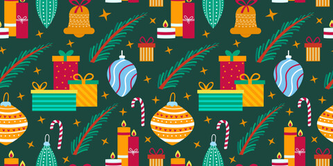 Christmas pattern, Colorful wrapped gifts, tree branches, cozy candles. vintage winter. New year wrapping paper ornament, retro design, merry xmas. Vector seamless recent illustration