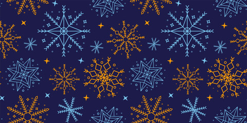 Winter elements, snow decoration pattern. Minimal white geometric ornament isolated, blue background, night with snowflakes, vintage paper print. Festive frost vector seamless recent graphic