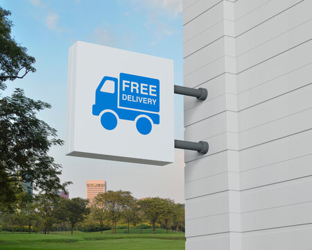 Free delivery truck icon on hanging white square signboard over green grass field and trees in park, Business transportation service concept, 3D rendering