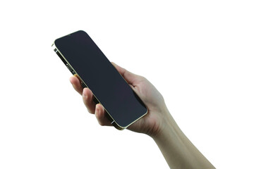 Hand holds a modern smartphone with a black screen. On an isolated white background, technological concepts.